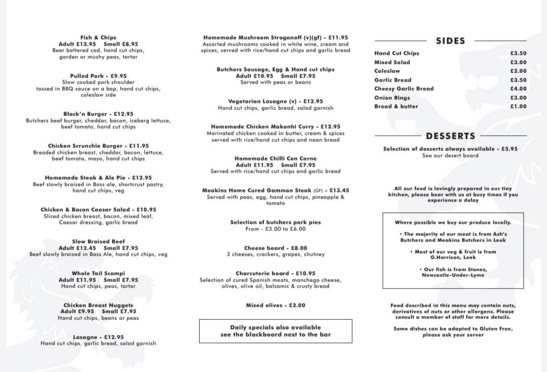 The Black Lion Cheddleton Menu - Image 1