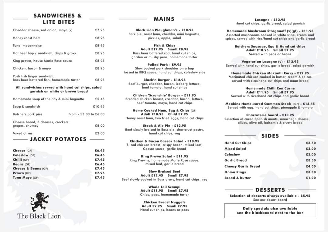 The Black Lion Cheddleton Menu - Image 2